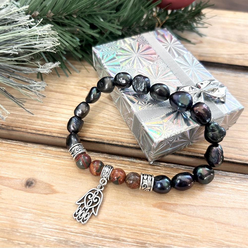 Handcrafted Natural Picasso Imperial Jasper & Freshwater Pearl Stretch Bracelet